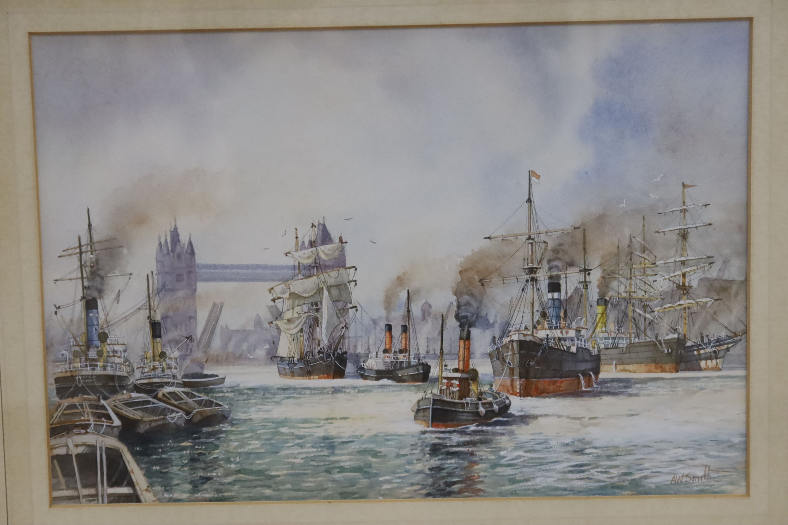 Albert Smith (b.1941), watercolour, Tower Bridge, 23 x 34cm and an Albert Strange watercolour of Fishing boats, 25 x 36cm